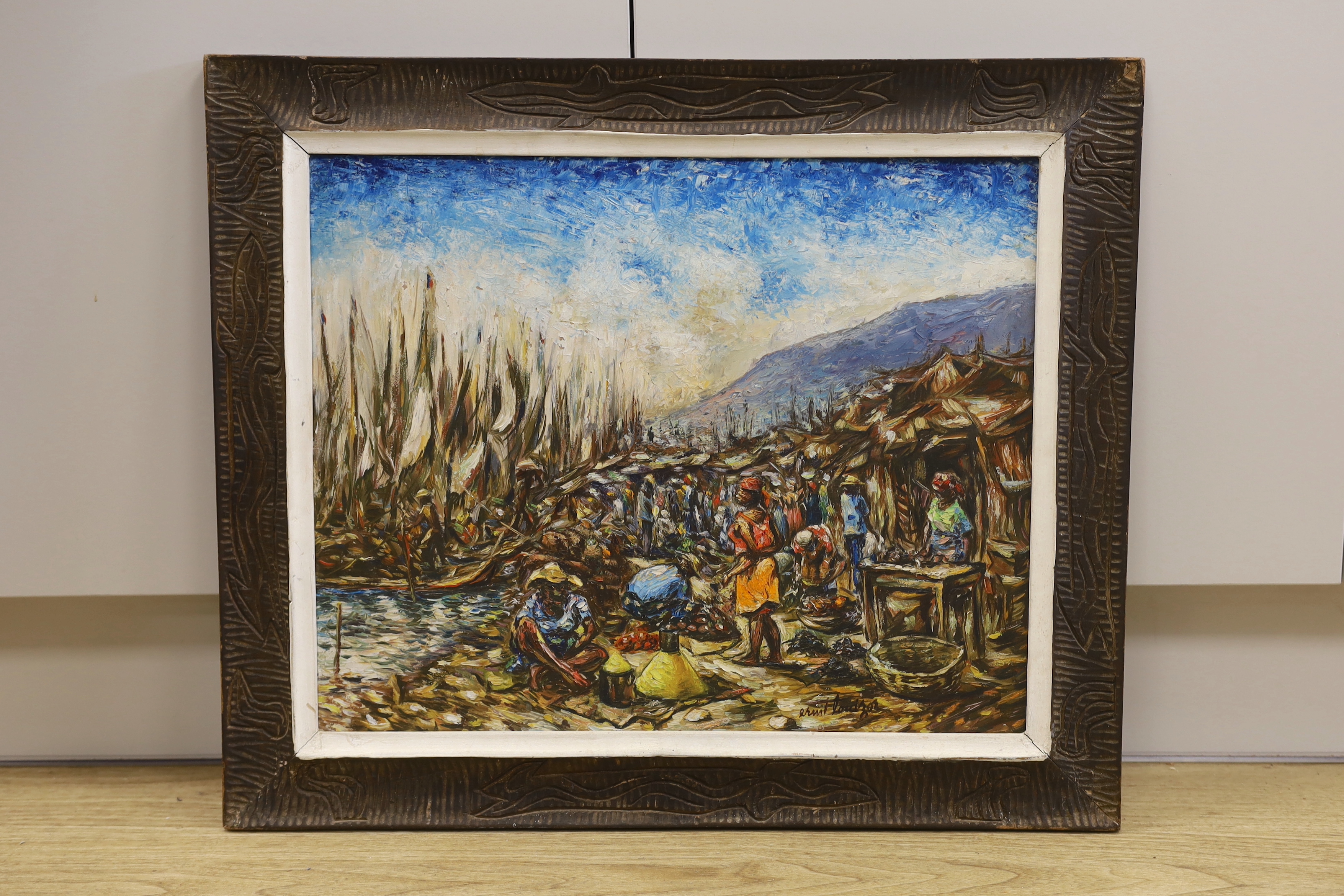 Ernst Louizor, (Haitian 1938-2011) oil on board, Figures before a landscape, partial Port Au Prince label verso, 49 x 39cm